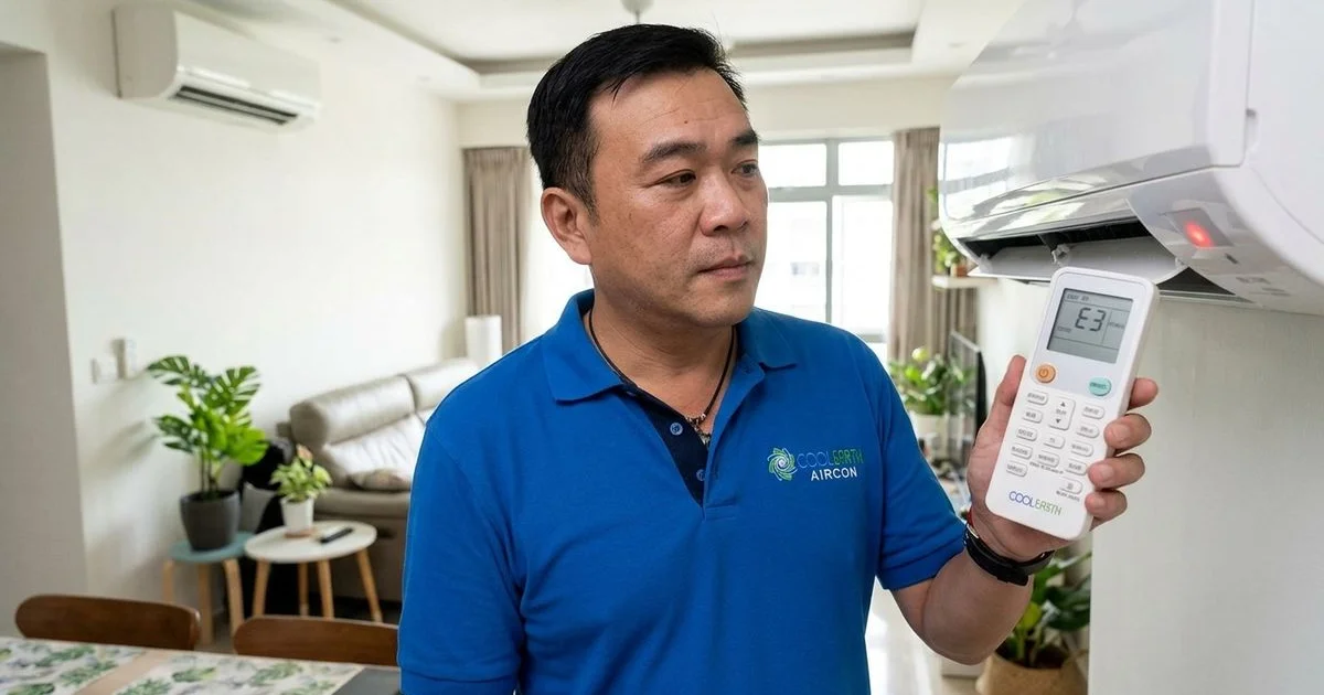 Aircon remote control displaying an error code with a blinking indicator light on the indoor unit