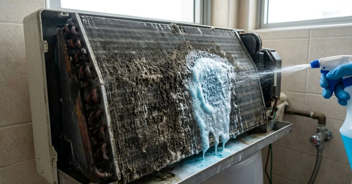 Close-up of mould and dirt buildup on an aircon evaporator coil that needs a chemical wash