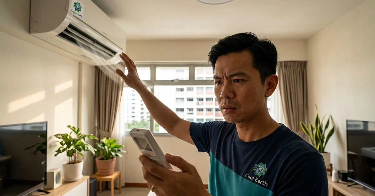 Homeowner checking aircon remote temperature while the unit blows warm air instead of cold