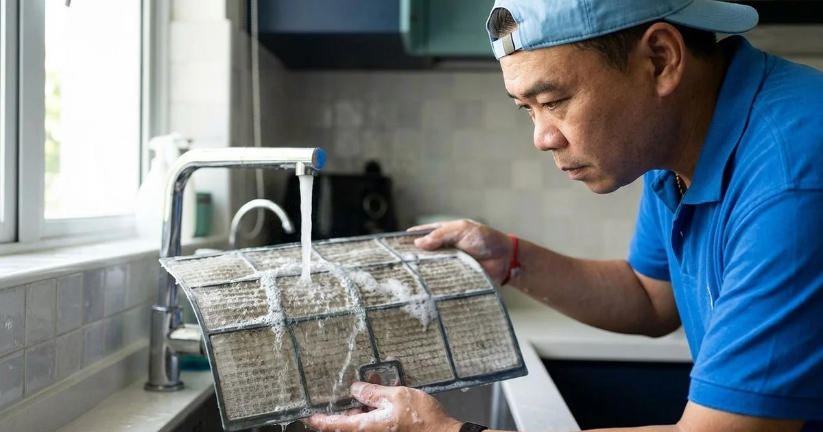 Homeowner cleaning an aircon filter under running water as part of DIY maintenance