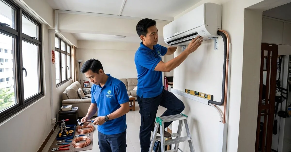 Professional aircon installation team mounting an indoor unit and running copper piping in a Singapore HDB flat
