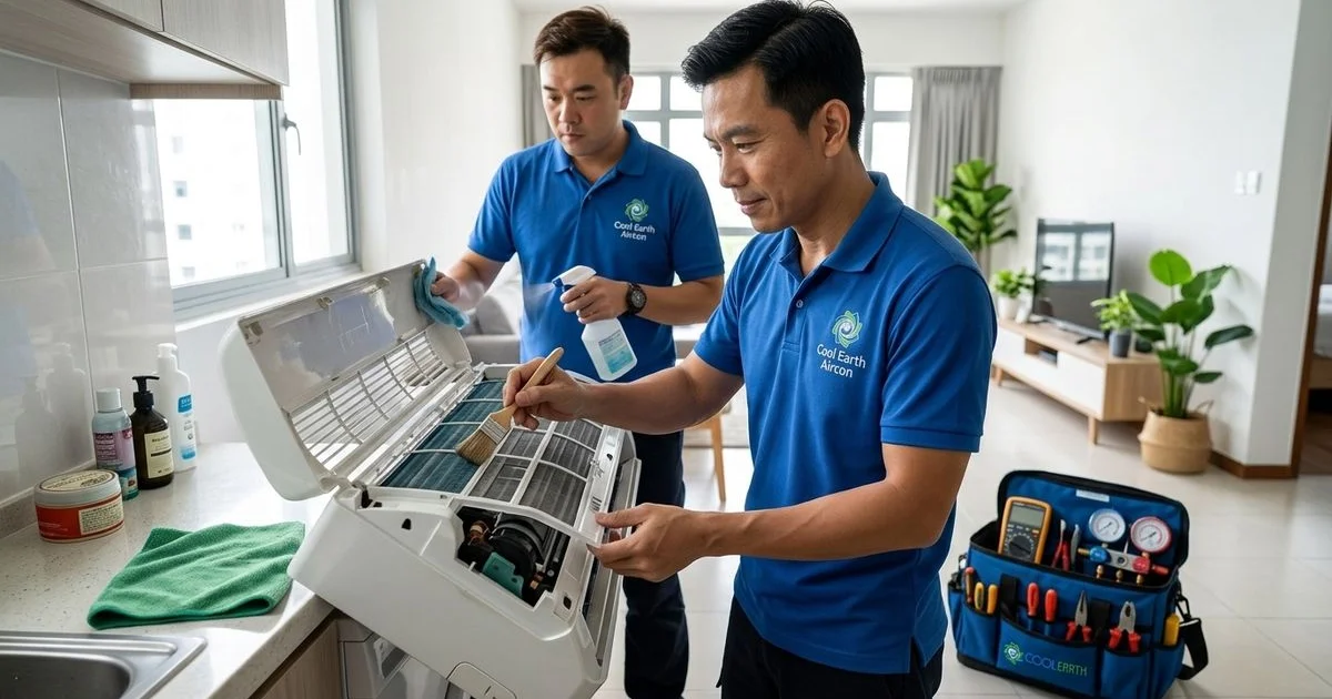 Professional technician servicing a wall-mounted aircon unit in a Singapore HDB flat