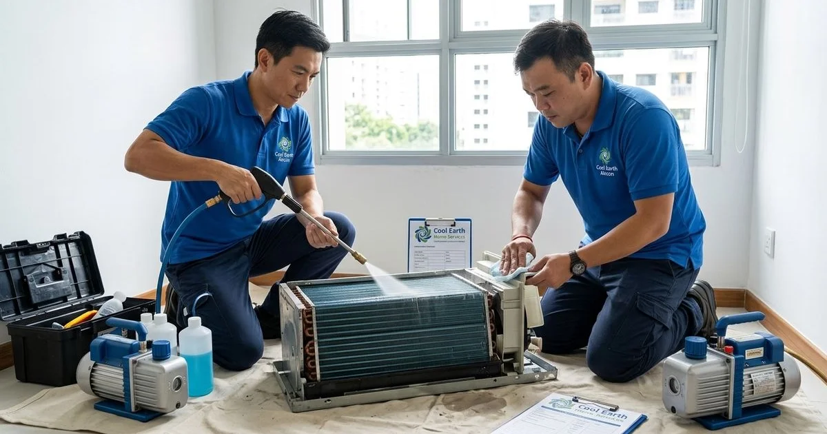 Professional technician performing a step-by-step aircon chemical wash process in a Singapore home