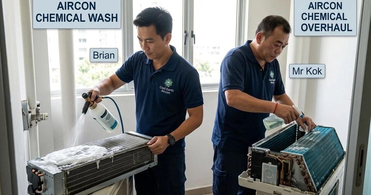 Side by side comparison of aircon chemical wash and chemical overhaul cleaning process