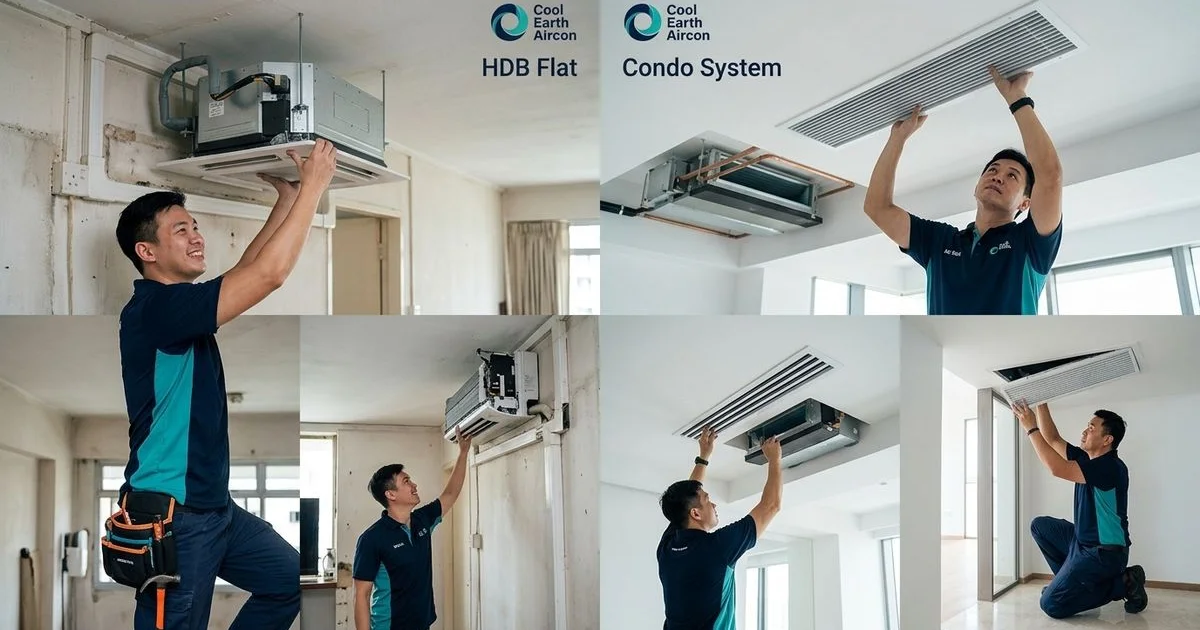 Split screen comparing HDB flat aircon setup with condo aircon system installation in Singapore