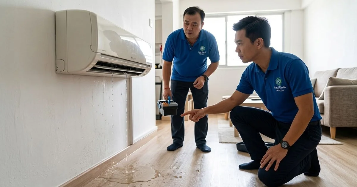 Water dripping from an indoor aircon unit onto the floor in a Singapore home