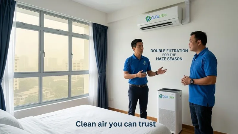 Air purifier running alongside aircon unit in Singapore bedroom during haze season providing double filtration protection