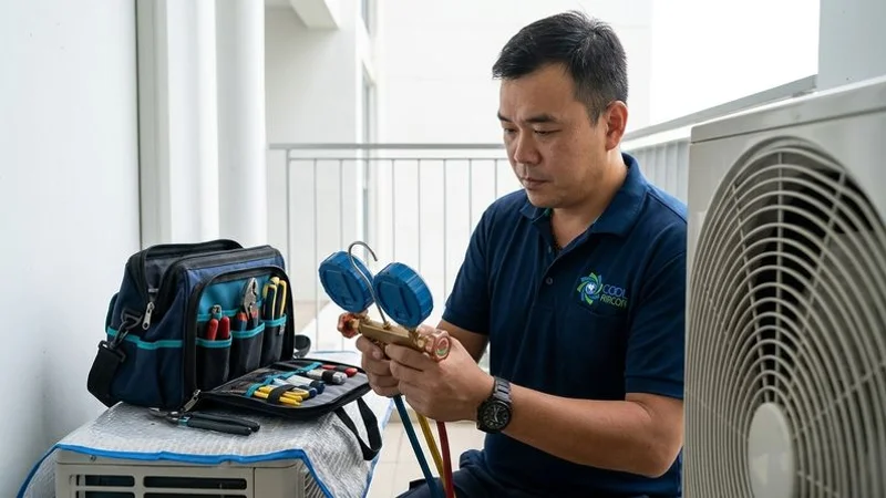 Aircon technician checking refrigerant gas levels with manifold gauge during routine service in Singapore home