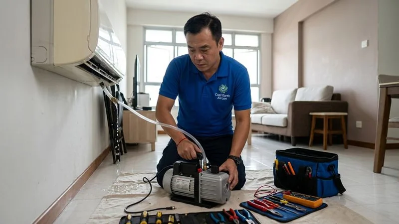 Aircon technician flushing clogged drainage pipe with vacuum pump to resolve water leak issue in Singapore HDB flat