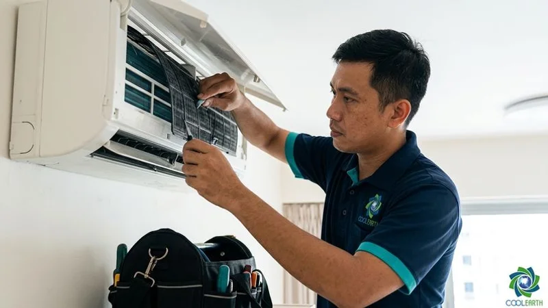 Aircon technician performing general servicing on wall mounted split unit cleaning filters and coils in Singapore HDB