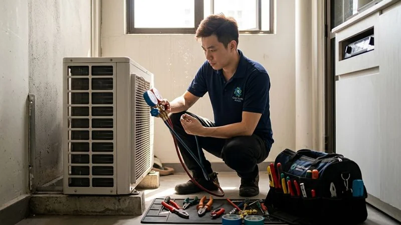 Aircon technician using manifold gauge to check refrigerant gas pressure levels on outdoor condenser unit in Singapore