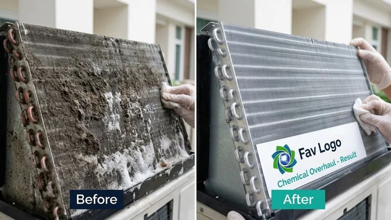Before and after comparison of aircon evaporator coil showing dramatic improvement after professional chemical wash cleaning