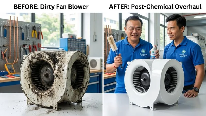 Before and after comparison showing dirty aircon fan blower cleaned to near new condition after chemical overhaul service