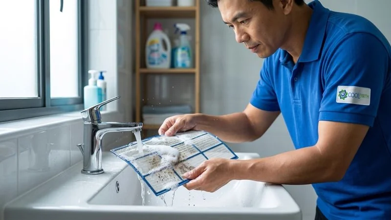 Close up of aircon filter being washed under running water showing dust and particle removal for better indoor air quality