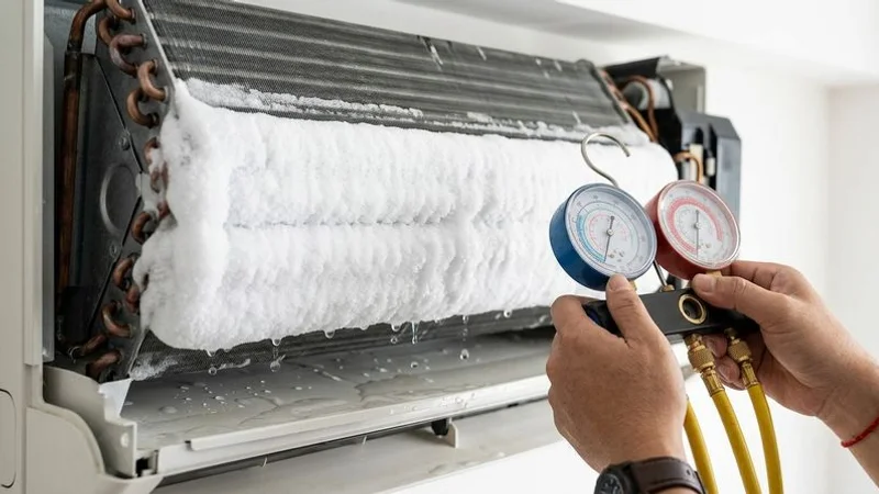 Close up of frozen evaporator coil with ice formation caused by low refrigerant gas leading to water leak when melting