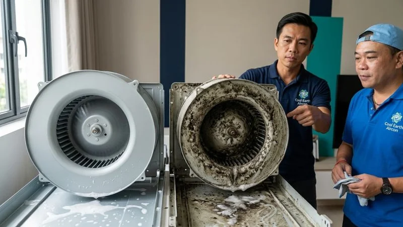 Comparison showing clean aircon fan blower versus mouldy dirty blower that causes musty smell in Singapore homes