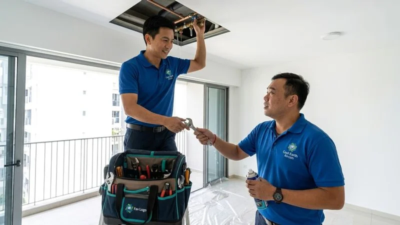 Condo aircon maintenance technician accessing concealed piping through ceiling panel for servicing in Singapore apartment