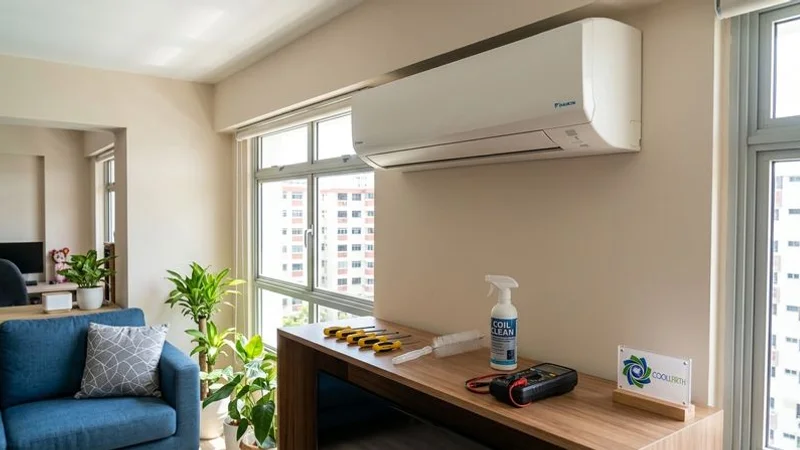 Daikin aircon system installed in modern Singapore HDB living room showing sleek indoor unit design and quiet operation