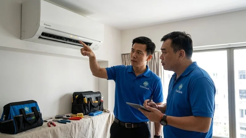 Daikin wall mounted aircon unit showing blinking error light with technician notebook documenting the error code pattern