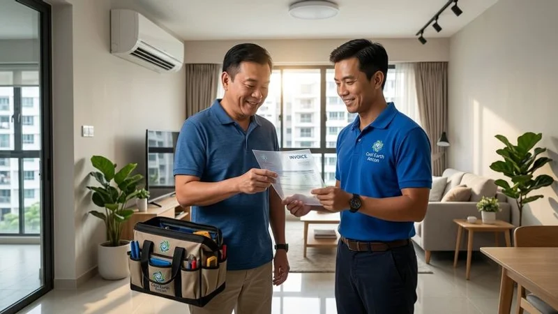 Happy Singapore homeowner receiving transparent aircon servicing invoice from professional technician after service completion