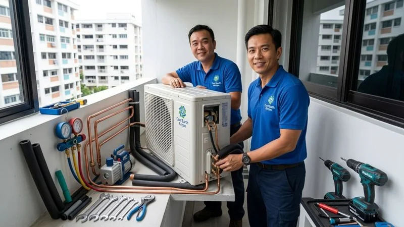 HDB flat aircon ledge showing outdoor condenser unit installation with neat piping and proper drainage routing in Singapore