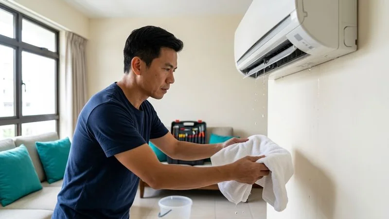 Homeowner placing towel underneath leaking aircon unit as temporary measure while waiting for professional repair service