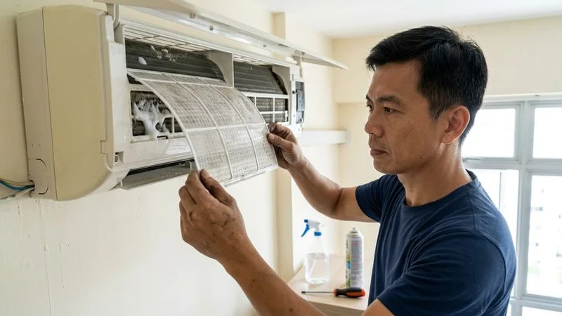 Homeowner removing dusty aircon filter for cleaning to improve energy efficiency and reduce electricity bill in Singapore