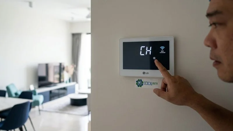 LG smart aircon indoor panel displaying CH error code with WiFi connected indicator light in modern Singapore condo bedroom