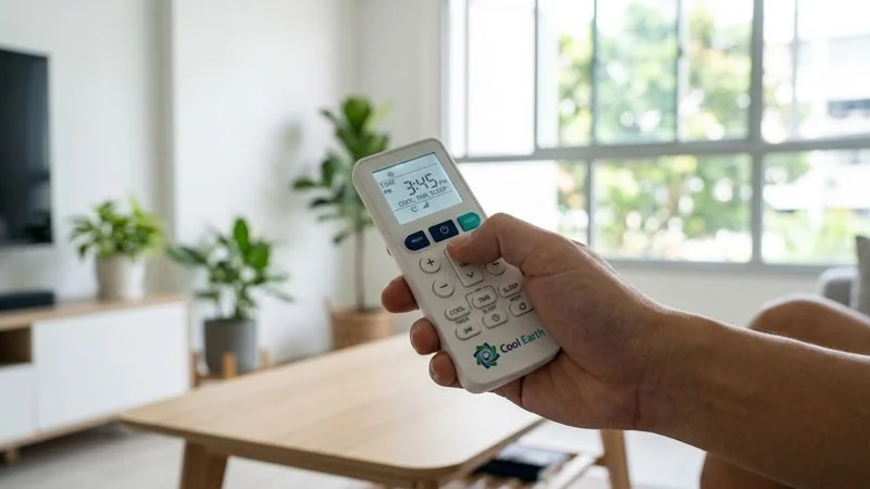 Modern aircon remote control showing timer and sleep mode settings for energy efficient cooling in Singapore homes