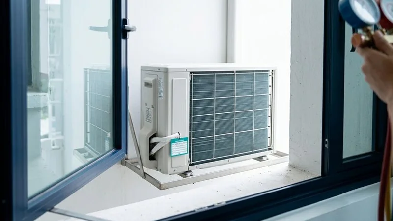 Outdoor aircon condenser unit on HDB ledge showing proper clearance and clean fins for optimal heat dissipation