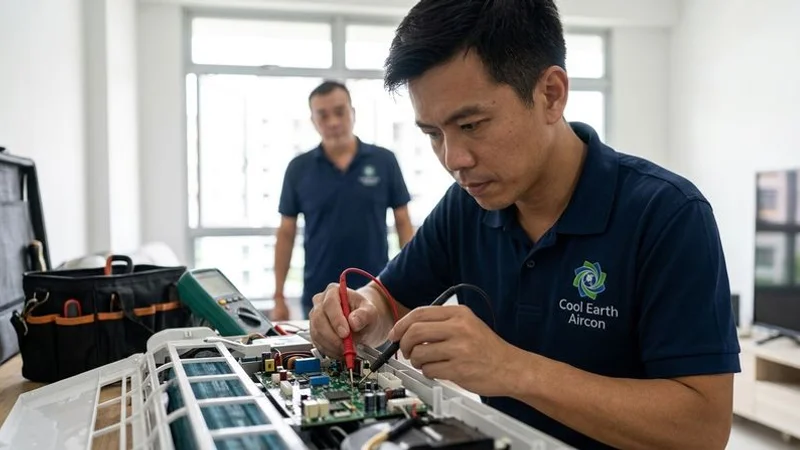 Professional aircon technician inspecting internal components that require expert knowledge and specialised tools in Singapore