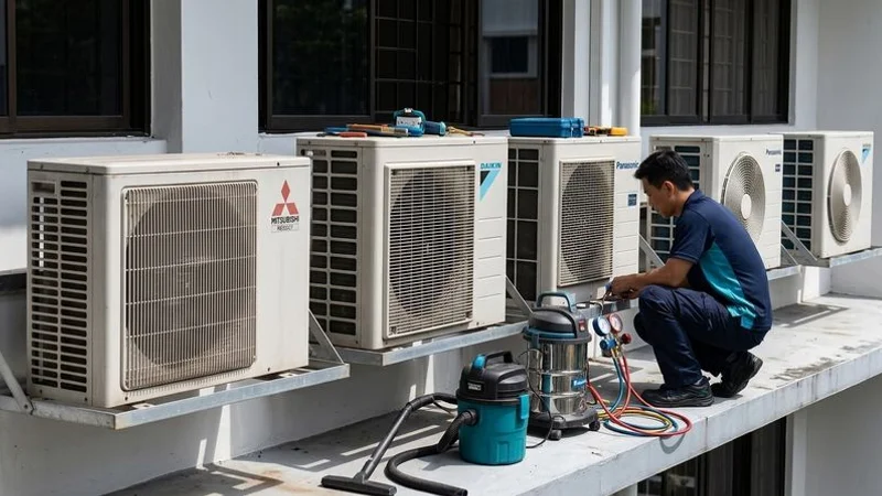 Row of different aircon outdoor condenser units from various brands installed on Singapore HDB building aircon ledge