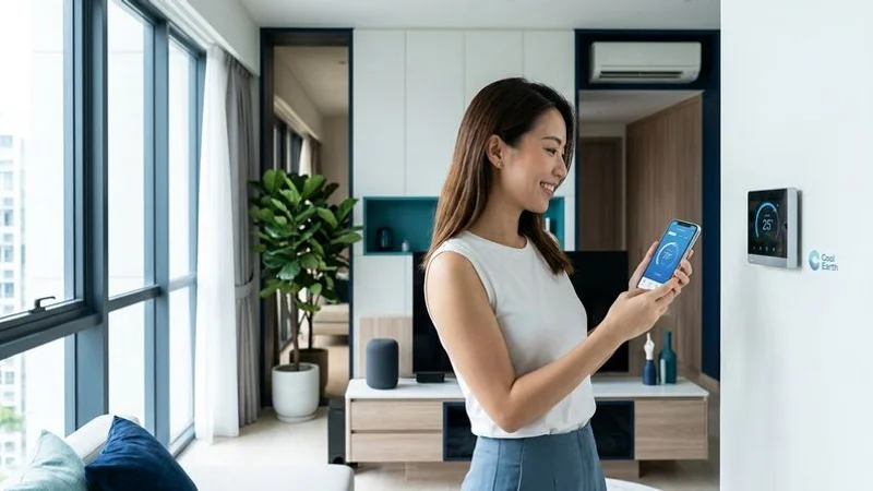Smart home setup in Singapore living room with aircon controlled by wall mounted smart thermostat and voice assistant