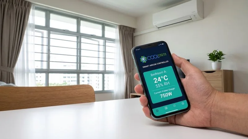 Smartphone app showing smart aircon controller dashboard with temperature humidity and energy usage data for Singapore home