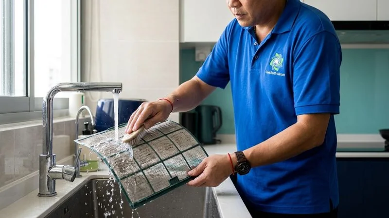 Step by step guide showing how to remove and clean aircon filters at home under running water in Singapore