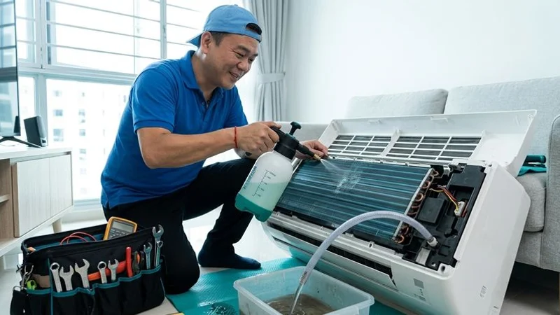 Technician applying chemical cleaning solution to aircon evaporator coil during standard chemical wash service in Singapore