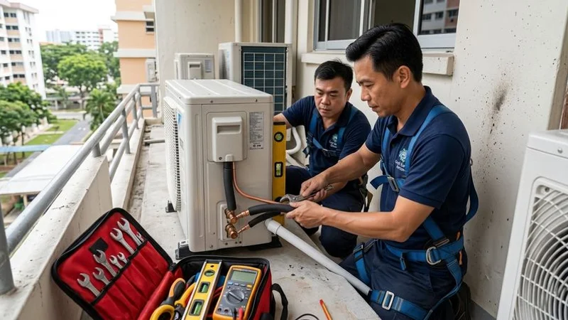 Workers installing outdoor condenser unit on HDB aircon ledge with copper piping and drainage pipe routing visible